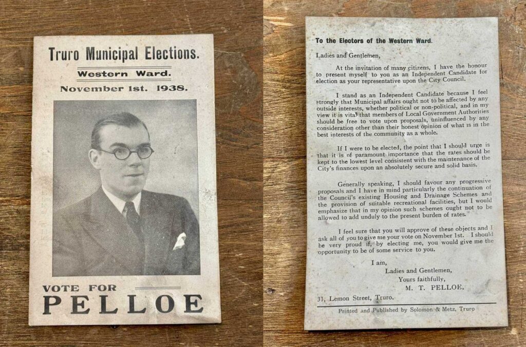 Election Leaflet from 1938 found in Truro